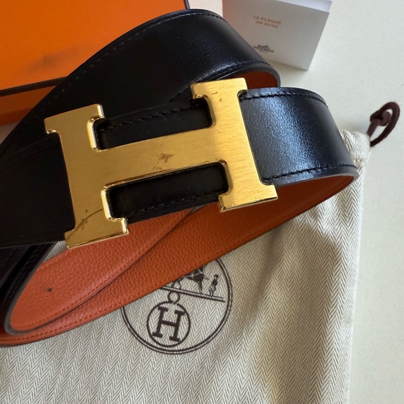 Hermes Black Leather Reversible Belt with Gold Buckle - Picture 1 of 4